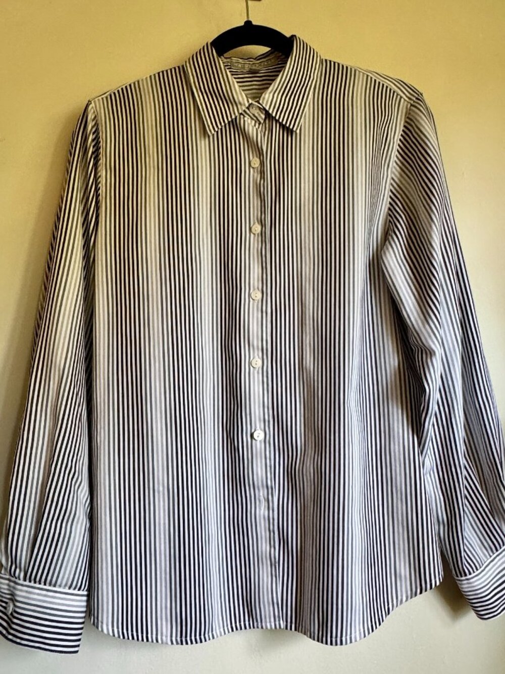 Foxcroft Wrinkle Free Long Sleeved Blouse - white, black, and grey pin stripes